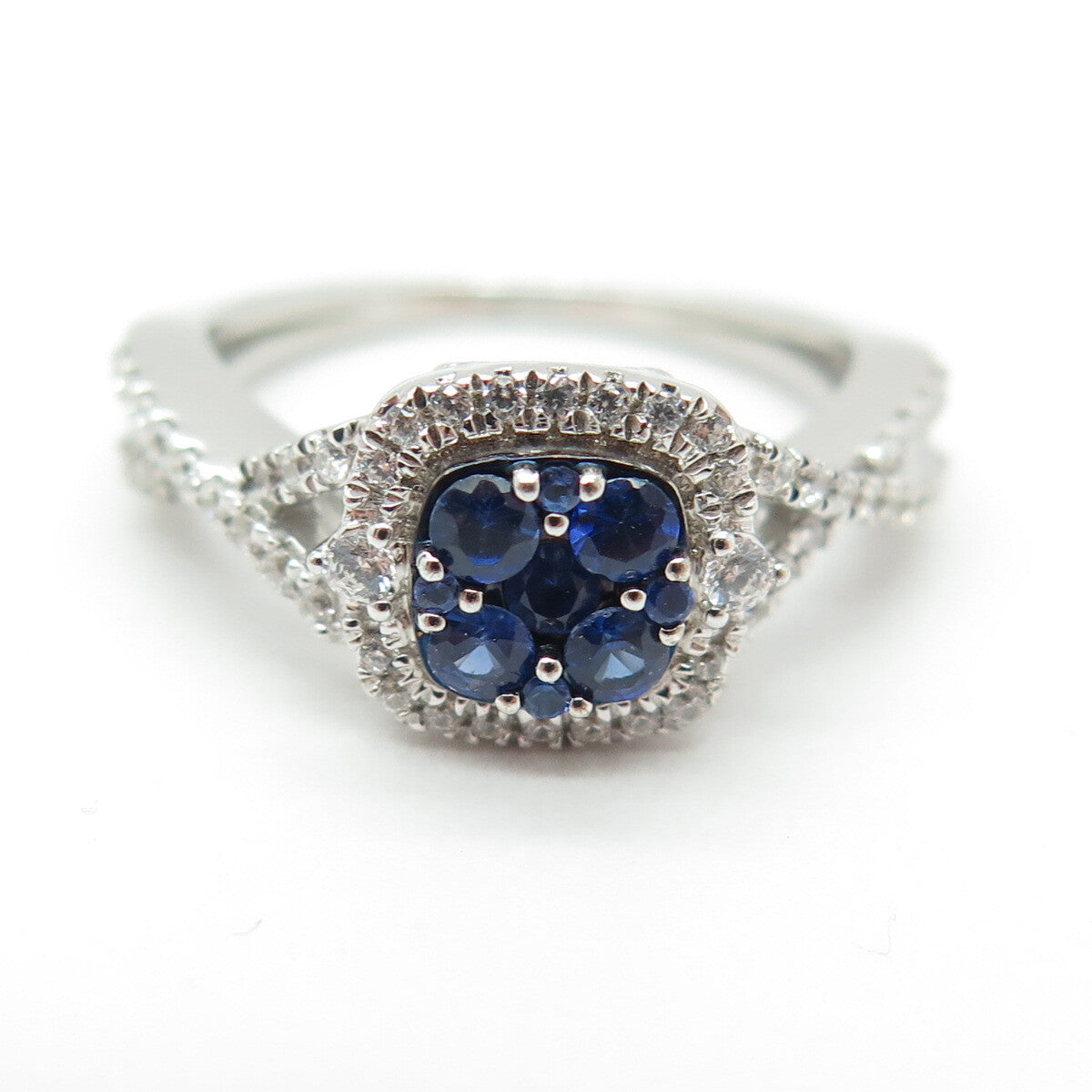 925 Sterling Silver Round-Cut Lab-Created Sapphire & C Z Ring Size 7