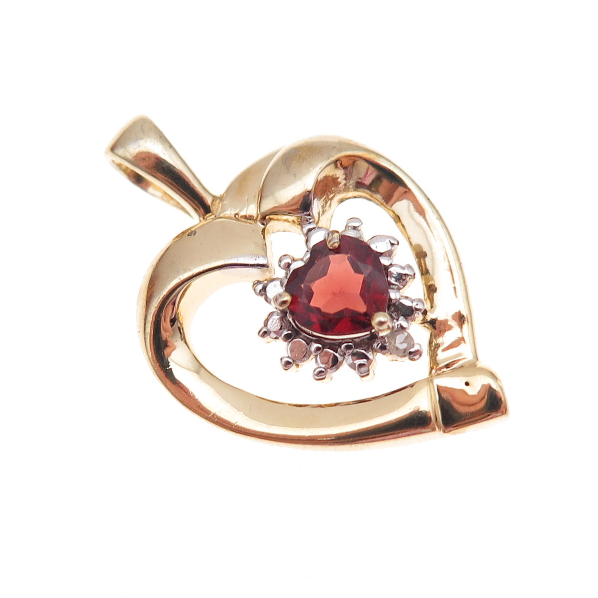 925 Sterling Silver Gold Plated Real Diamond Accent & Red Garnet Heart Pendant