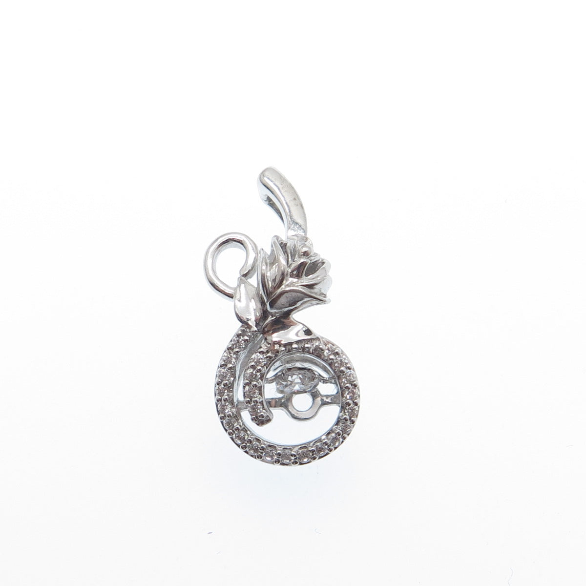 925 Sterling Silver Round-Cut C Z Rose Flower Minimalist Charm Slide Pendant