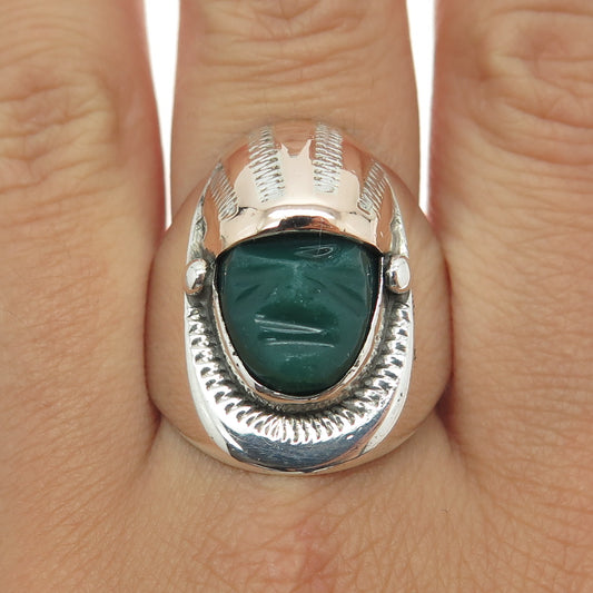 925 Sterling Silver 2-Tone Vintage Mexico Green Onyx Warrior Ring Size 13.25