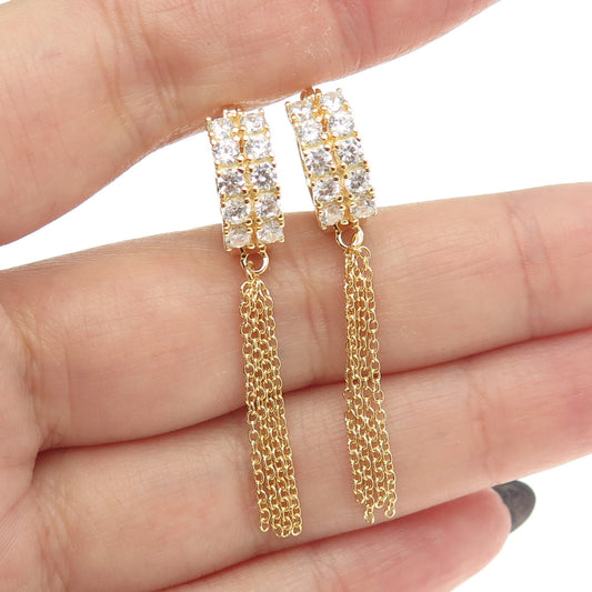 925 Sterling Silver Gold Plated Round-Cut C Z Tassel Hoop Dangling Earrings