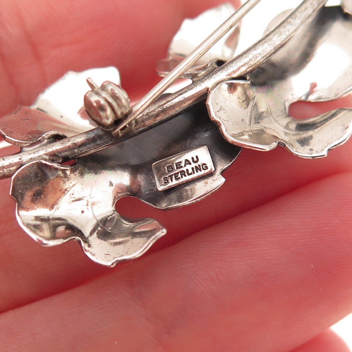 Beau 925 Sterling Silver Antique Art Deco Floral Oxidized Pin Brooch