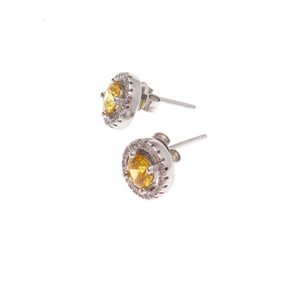 925 Sterling Silver Round-Cut Canary & White C Z Stud Earrings