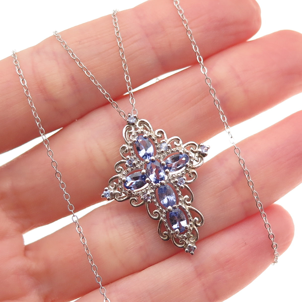 Chuck Clemency 925 Sterling Silver Real Tanzanite Cross Cable Chain Necklace 20"