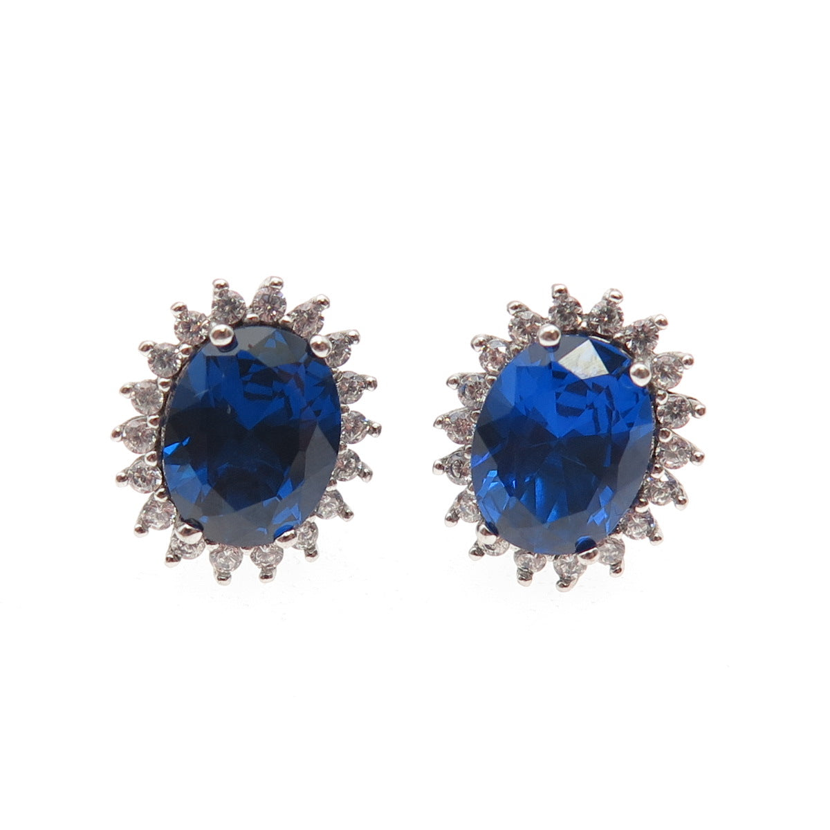 925 Sterling Silver Oval-Cut Blue & Round-Cut White C Z Stud Earrings
