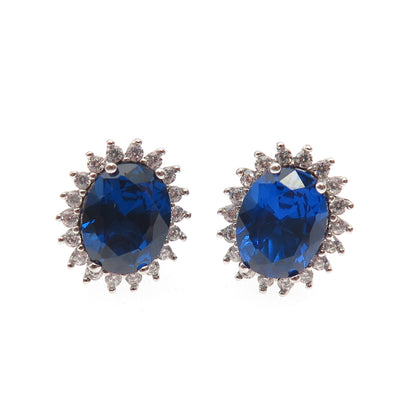 925 Sterling Silver Oval-Cut Blue & Round-Cut White C Z Stud Earrings