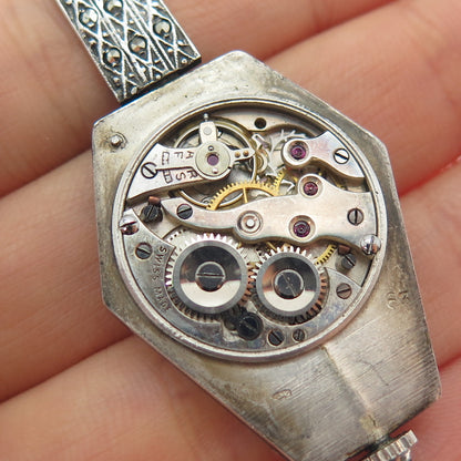 Ahrens Lucerne Sterling Antique Sapphire Marcasite Watch Pin (missing 2 stones)