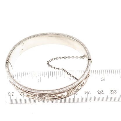 Dunn Bros Sterling Silver Antique Art Deco Floral Repousse Bangle Bracelet 7"