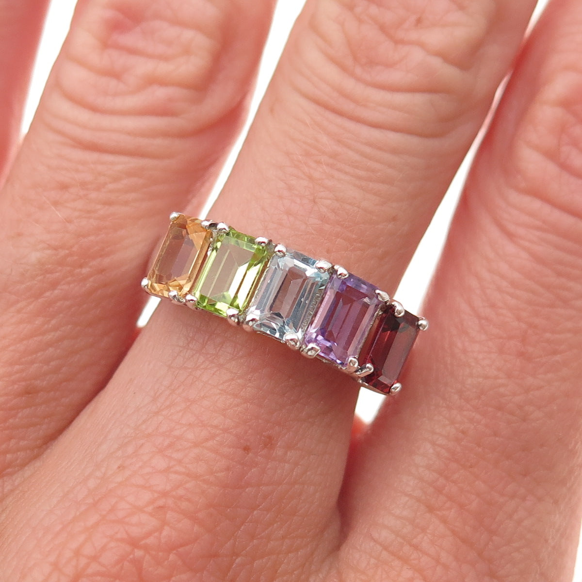 925 Sterling Silver Vintage Topaz Amethyst Citrine Peridot Garnet Ring Size 7.25
