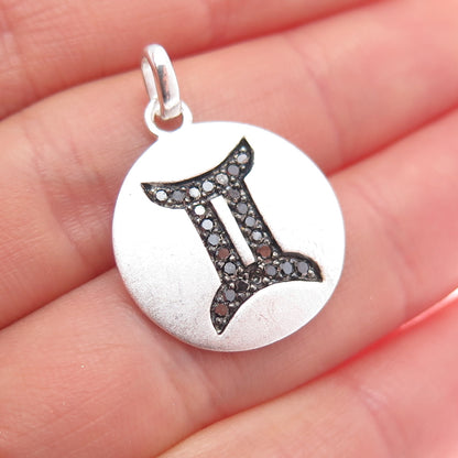 925 Sterling Silver Real Round-Cut Black Diamond Gemini Zodiac Charm Pendant