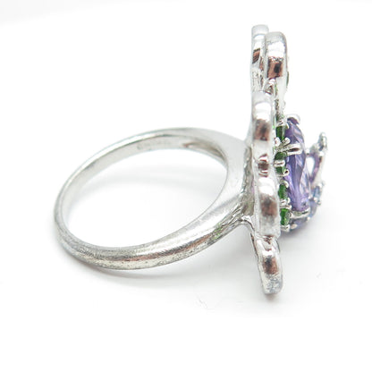 925 Sterling Silver Real Amethyst & Peridot Gemstone Peacock Ring Size 8