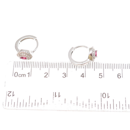 925 Sterling Silver Pink & White C Z Hoop Earrings