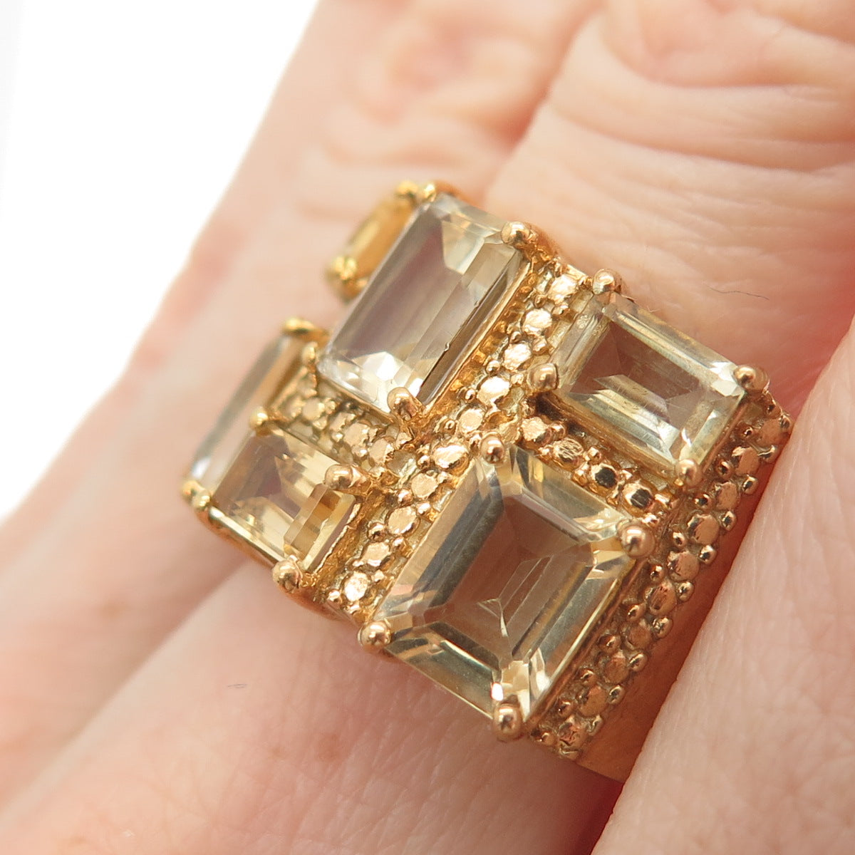 925 Sterling Silver Gold Plated Real Emerald-Cut Citrine Ring Size 7.5