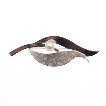 Van Dell 925 Sterling Silver Vintage Real Pearl Modernist Flower Pin Brooch