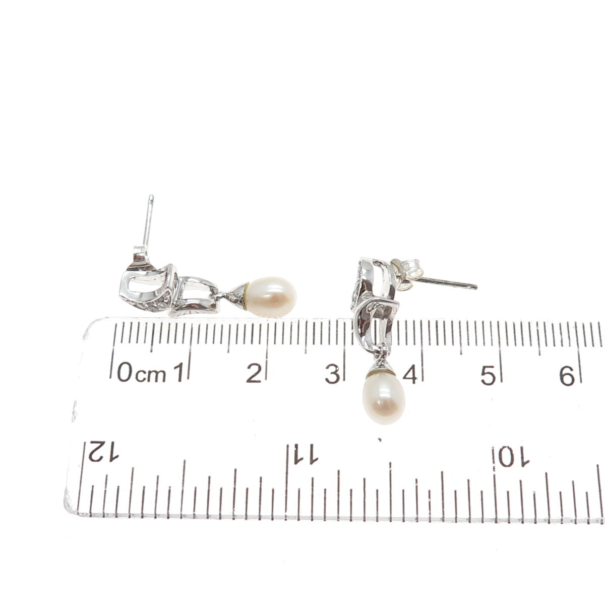 925 Sterling Silver Real Pearl & Round-Cut C Z Crescent Dangle Earrings