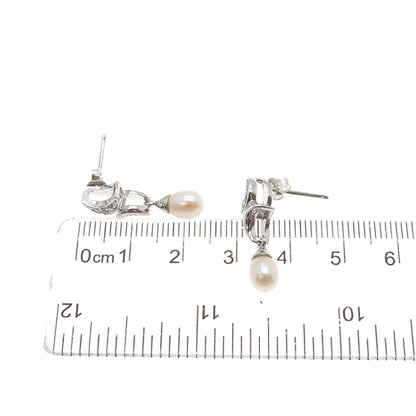 925 Sterling Silver Real Pearl & Round-Cut C Z Crescent Dangle Earrings