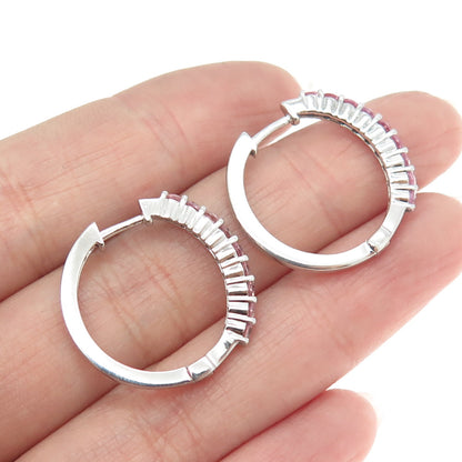 925 Sterling Silver Lab-Created Round-Cut Pink Sapphire Hoop Earrings