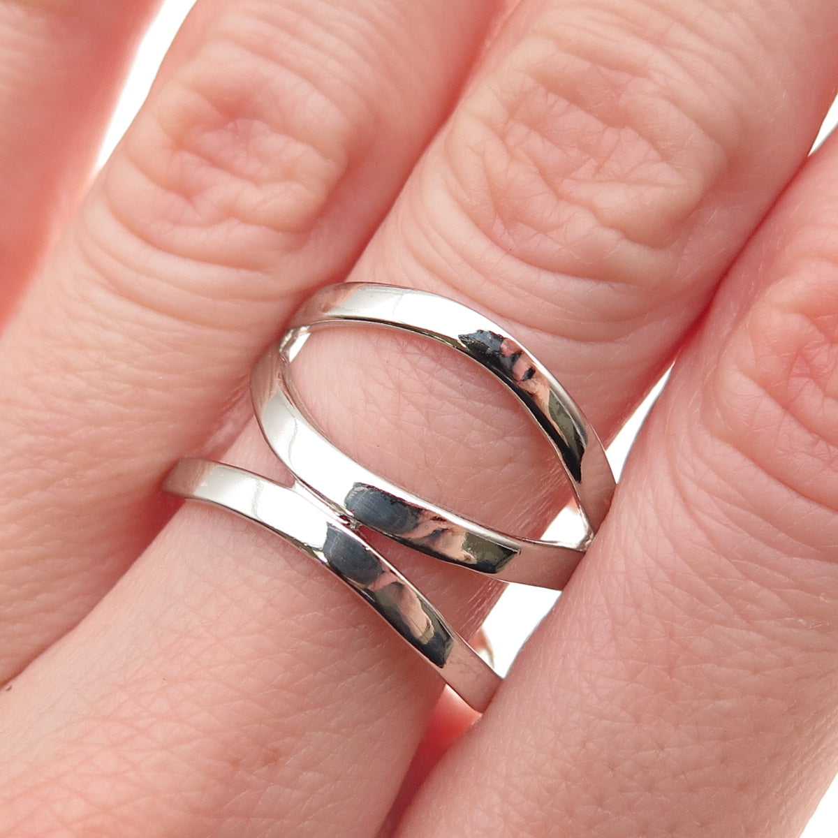 925 Sterling Silver Vintage Modernist Wavy 3-Row Ring Size 9.25
