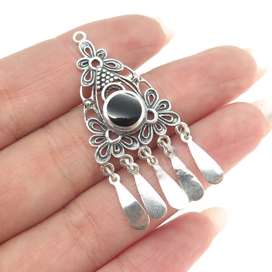 925 Sterling Silver Vintage Real Black Onyx Gemstone Floral Boho Pendant