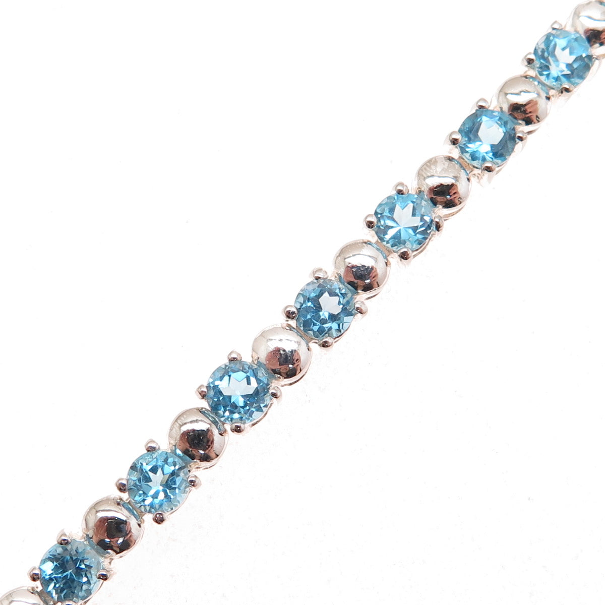 925 Sterling Silver Vintage Real Round-Cut Blue Topaz Tennis Link Bracelet 7.5"