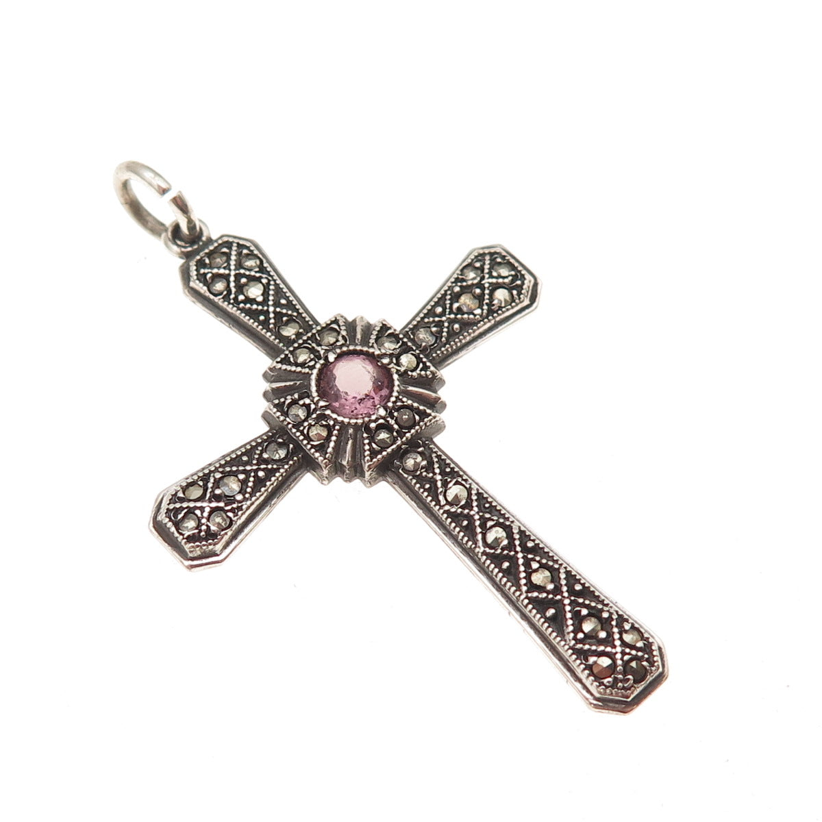 925 Sterling Silver Antique Art Deco Real Amethyst Marcasite Cross Charm Pendant