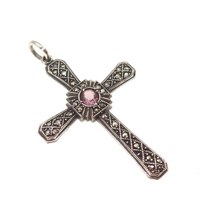 925 Sterling Silver Antique Art Deco Real Amethyst Marcasite Cross Charm Pendant