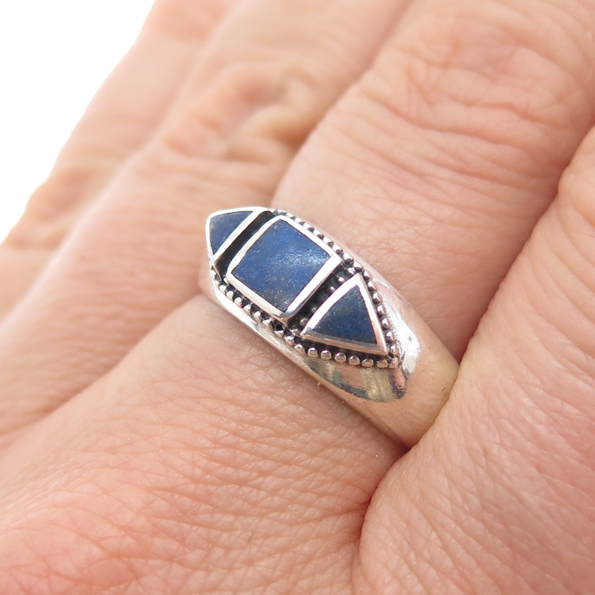 PHYLLIS WOODS 925 Sterling Silver Vintage Real Lapis Modernist Ring Size 8.25
