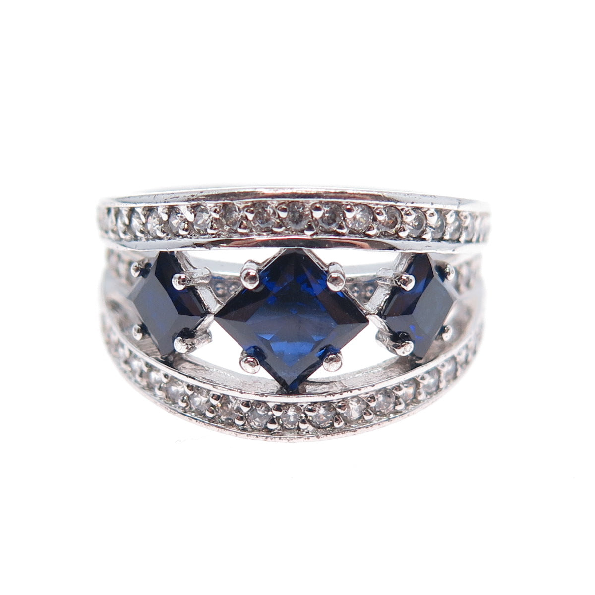925 Sterling Silver Princess-Cut Lab-Created Sapphire & C Z Ring Size 6.25