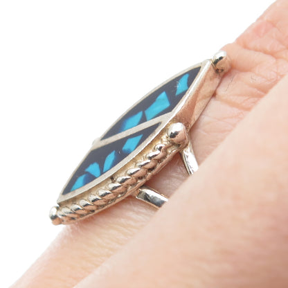925 Sterling Silver Vintage Southwestern Turquoise Inlay Oxidized Ring Size 6.5