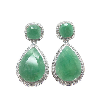 925 Sterling Silver Real Cushion & Pear-Cut Emerald Teardrop Dangle Earrings