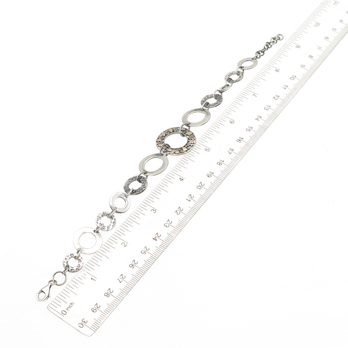 925 Sterling Silver 18K Gold Vintage Modernist Circle Link Bracelet 7.75-8.75"
