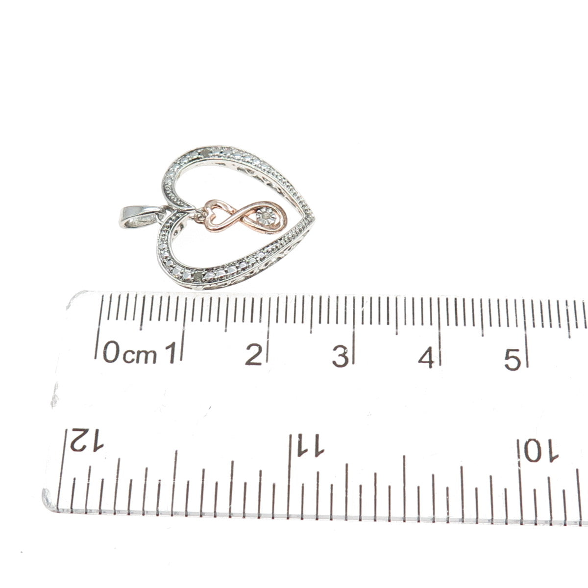 925 Sterling Silver 2-Tone Real Round-Cut Diamond Heart Charm Pendant
