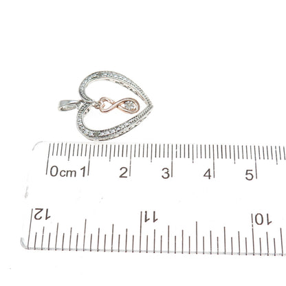 925 Sterling Silver 2-Tone Real Round-Cut Diamond Heart Charm Pendant