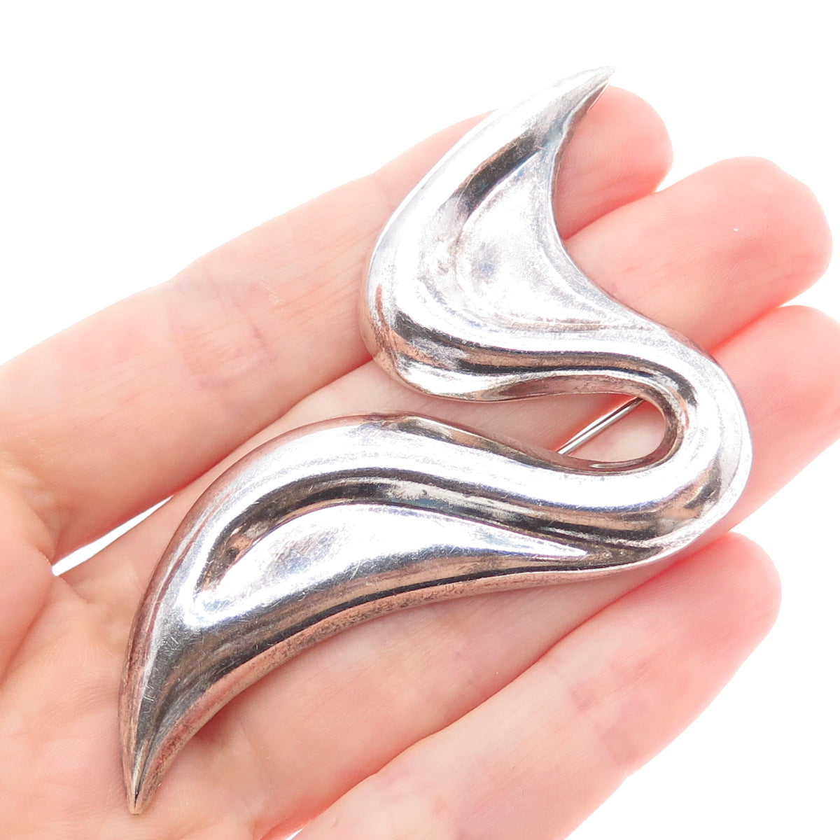 925 Sterling Silver Vintage Modernist Wavy Oxidized Pin Brooch