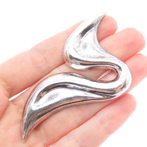 925 Sterling Silver Vintage Modernist Wavy Oxidized Pin Brooch