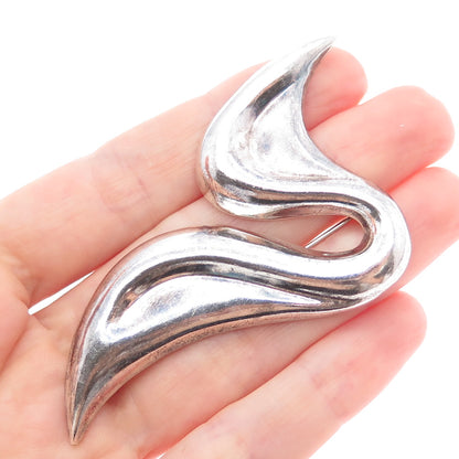 925 Sterling Silver Vintage Modernist Wavy Oxidized Pin Brooch