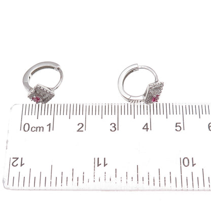 925 Sterling Silver Pink & White C Z Hoop Earrings