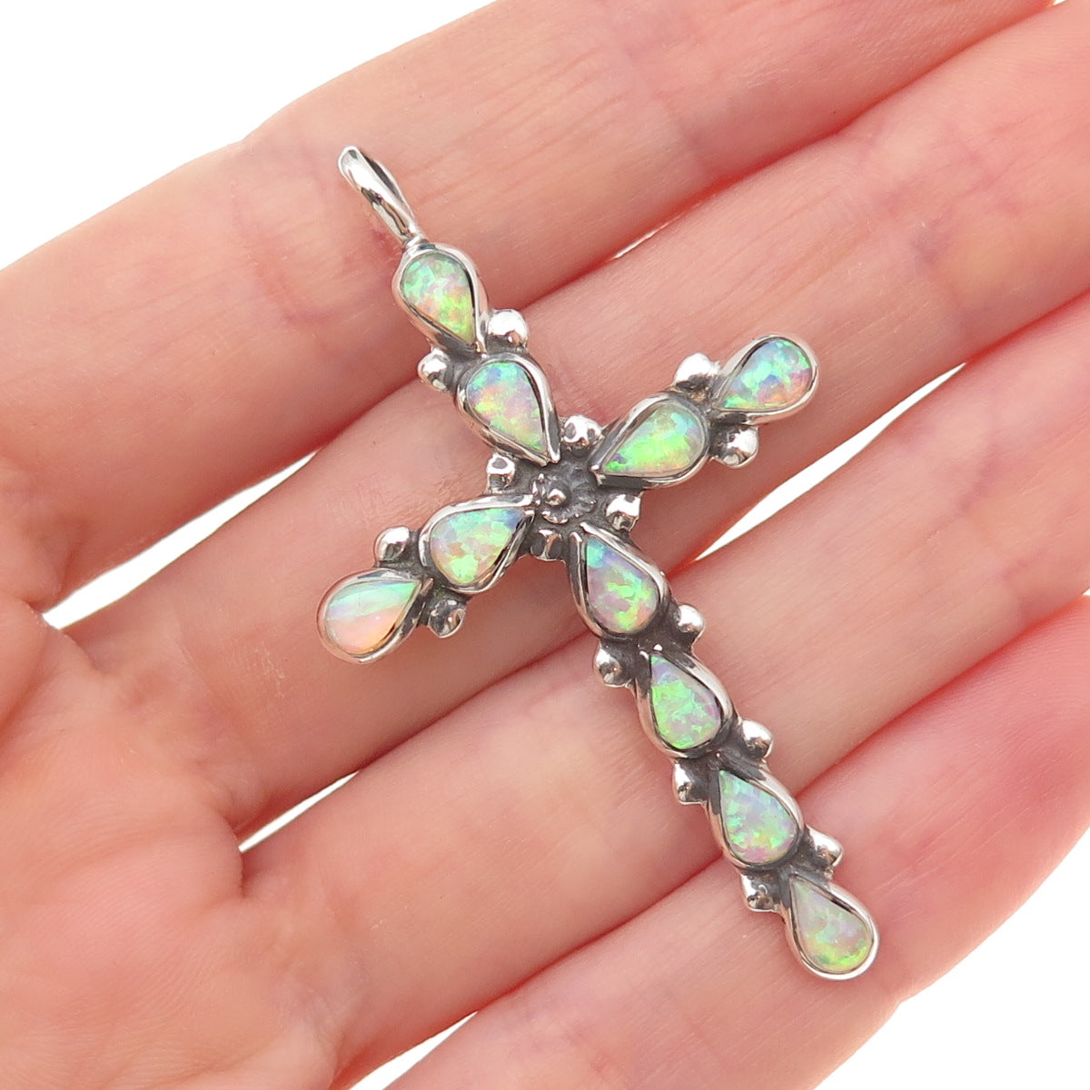 Old Pawn 925 Sterling Silver Vintage Southwestern Opal Cross Tribal Pendant