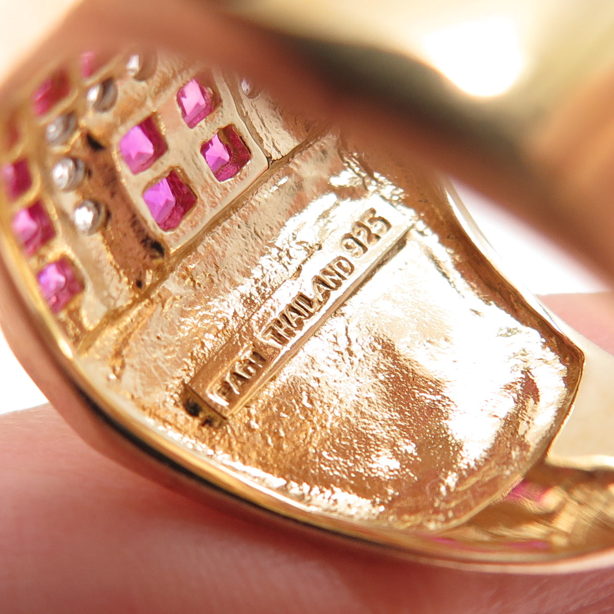 FADI 925 Sterling Silver Gold Plated Lab-Created Ruby & C Z Ring Size 8.25