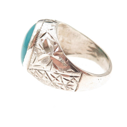 925 Sterling Silver Vintage Real Turquoise Diamond-Cut Oxidized Ring Size 9.75