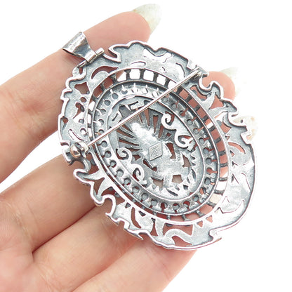 OROSA 925 Sterling Silver Vintage Aztec Oxidized Pin Brooch / Pendant