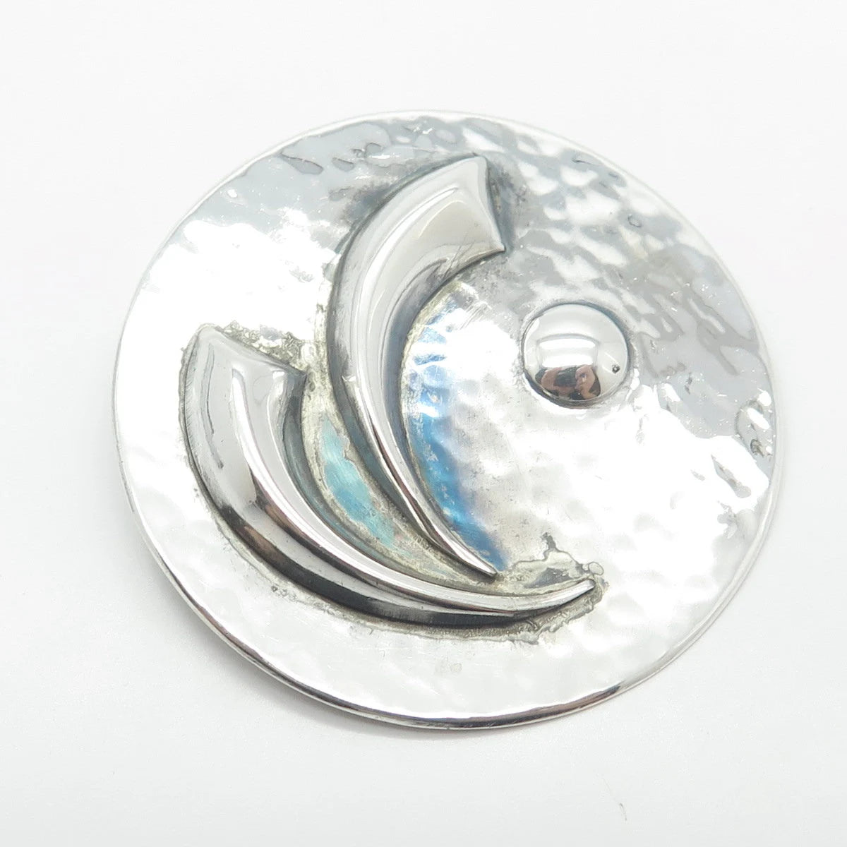 925 Sterling Silver Vintage Hammered Round Pin Brooch