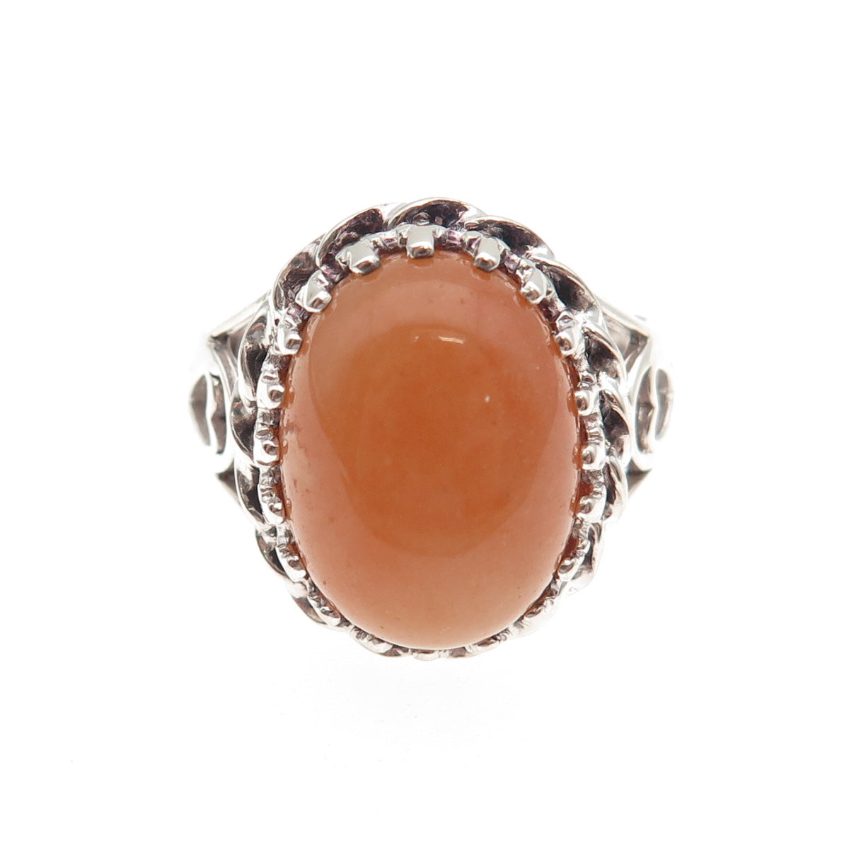 925 Sterling Silver Vintage Real Peach Aventurine Crown Heart Ring Size 8