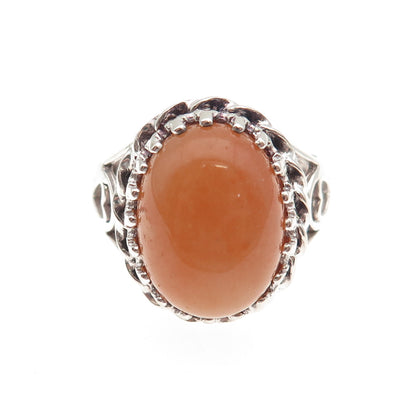 925 Sterling Silver Vintage Real Peach Aventurine Crown Heart Ring Size 8