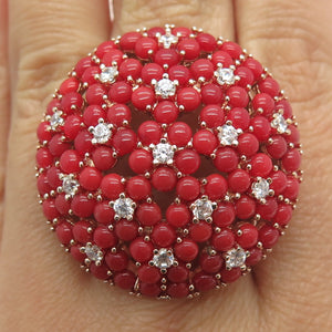 925 Sterling Silver Rose Gold Plated Coral & C Z Dome Statement Ring Size 7.25