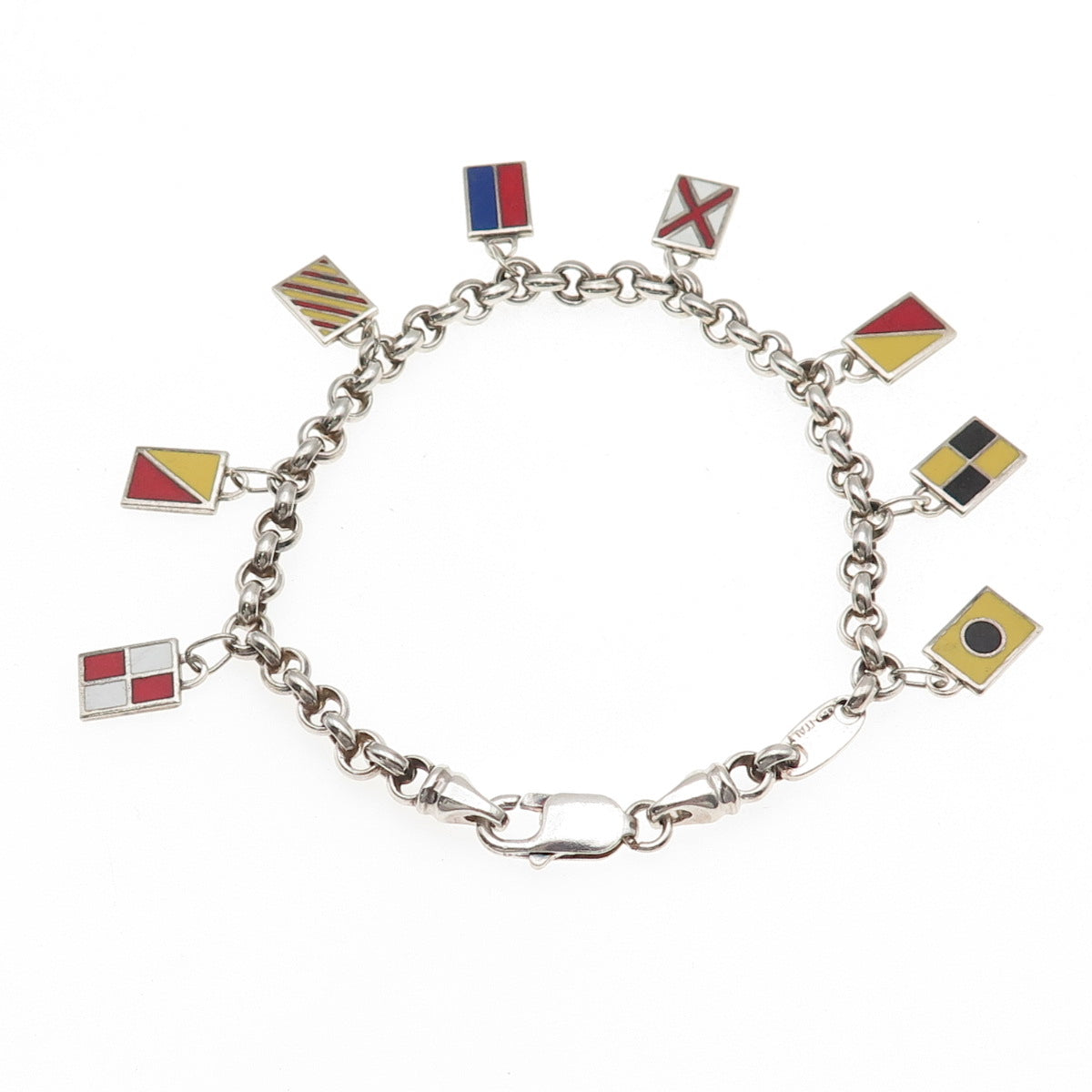 925 Sterling Silver Vintage London Ship’s Flags I Love You Charm Bracelet 7.75"