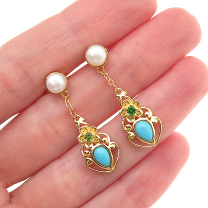 925 Sterling Gold Plated Real Turquoise Pearl & Peridot Floral Dangle Earrings