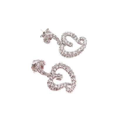 925 Sterling Silver Round-Cut C Z Heart Dangle Earrings