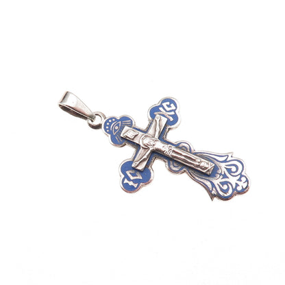 925 Sterling Silver Vintage Enamel Save & Protect Orthodox Cross Charm Pendant