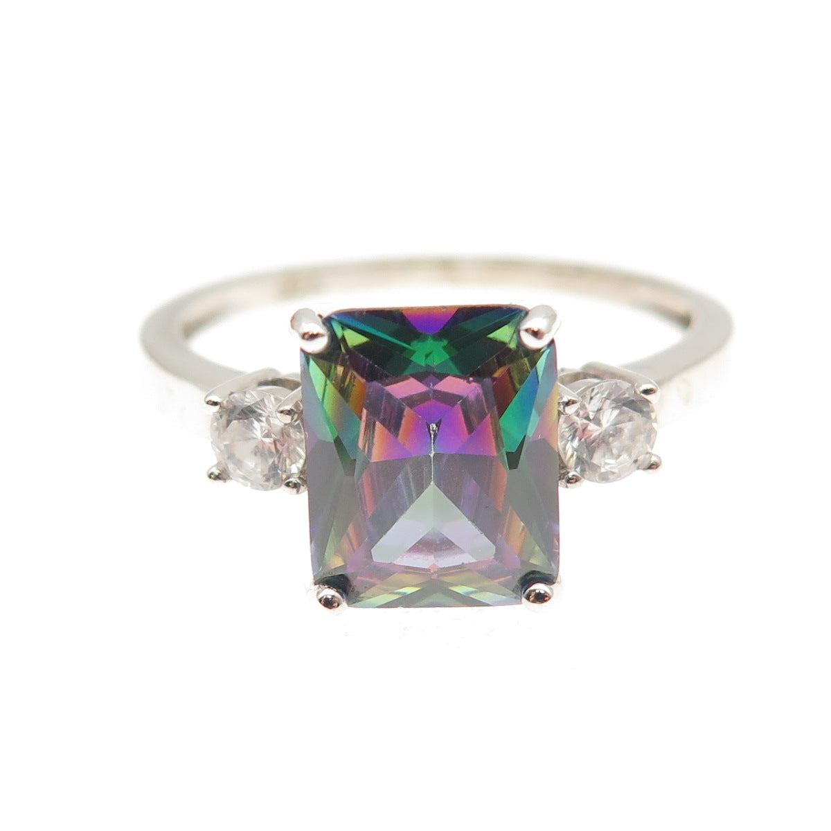 925 Sterling Silver Real Mystic Quartz & C Z Ring Size 10